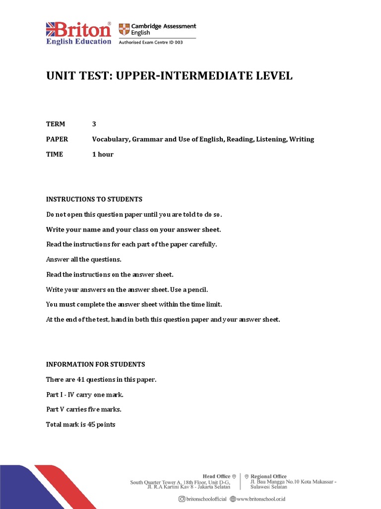 Upper-Intermediate Unit Test Overview | PDF | Phrase | Question