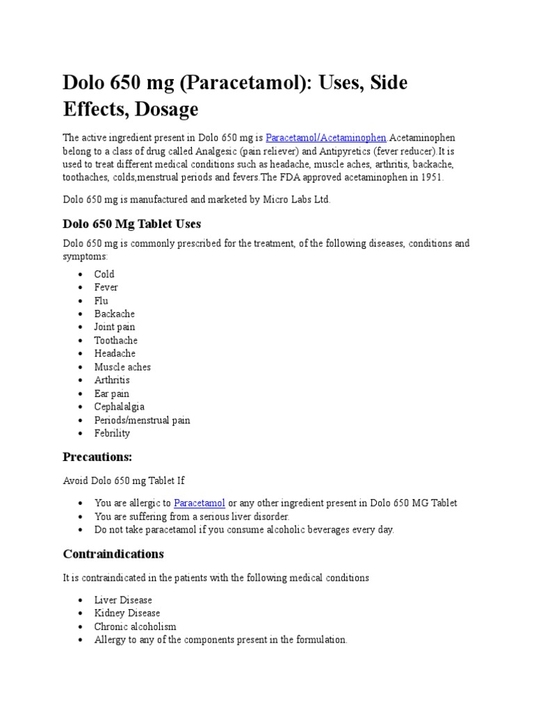 Dolo 650 MG (Paracetamol) Uses, Side Effects, Dosage PDF Adverse