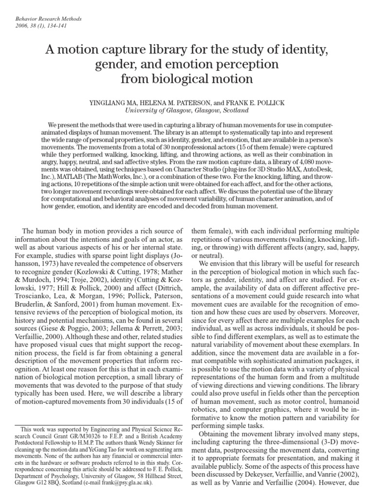 A Motion Capture Library For The Study of Identity, Gender, and Emotion ...