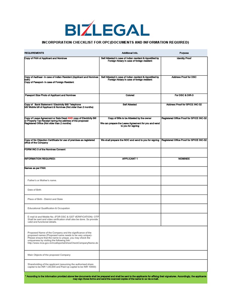 Incorporation Checklist-For OPC | PDF | Notary Public | Document