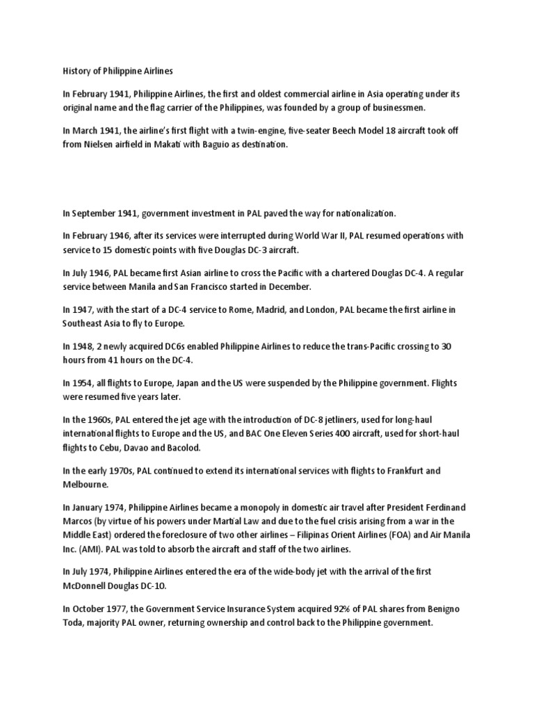 History of Philippine Airlines PDF Airlines Aeronautics