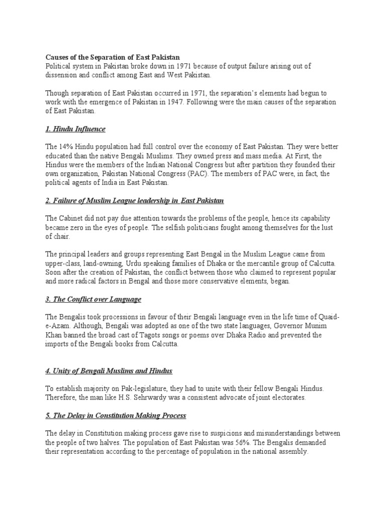 Causes of Separation of East Pakistan | PDF | Pakistan | Partition Of India