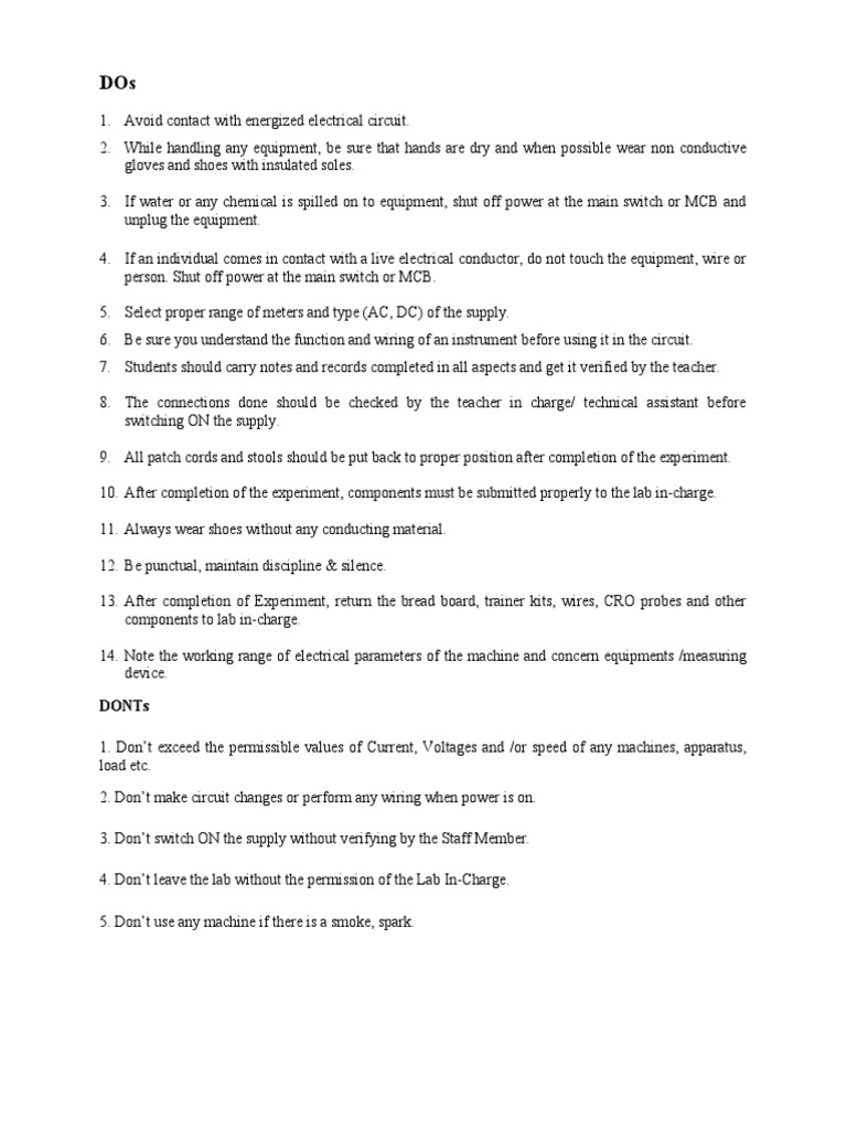 Do and Dont For Electrical Machines Lab PDF