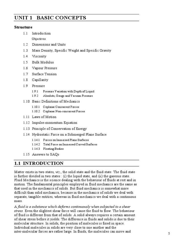 Unit 1 Basic Concepts: Structure | PDF | Pressure | Liquids