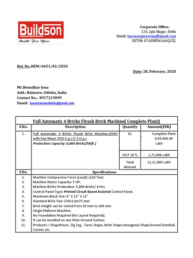 Fly Ash Brick Machine Quotation | PDF | Business