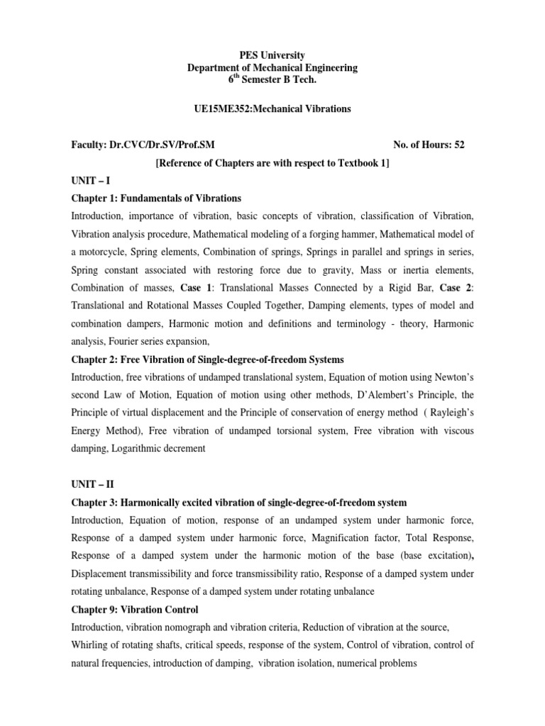 Syllabus UE15ME352 Mechanical Vibrations 2017-18 | PDF | Normal Mode ...