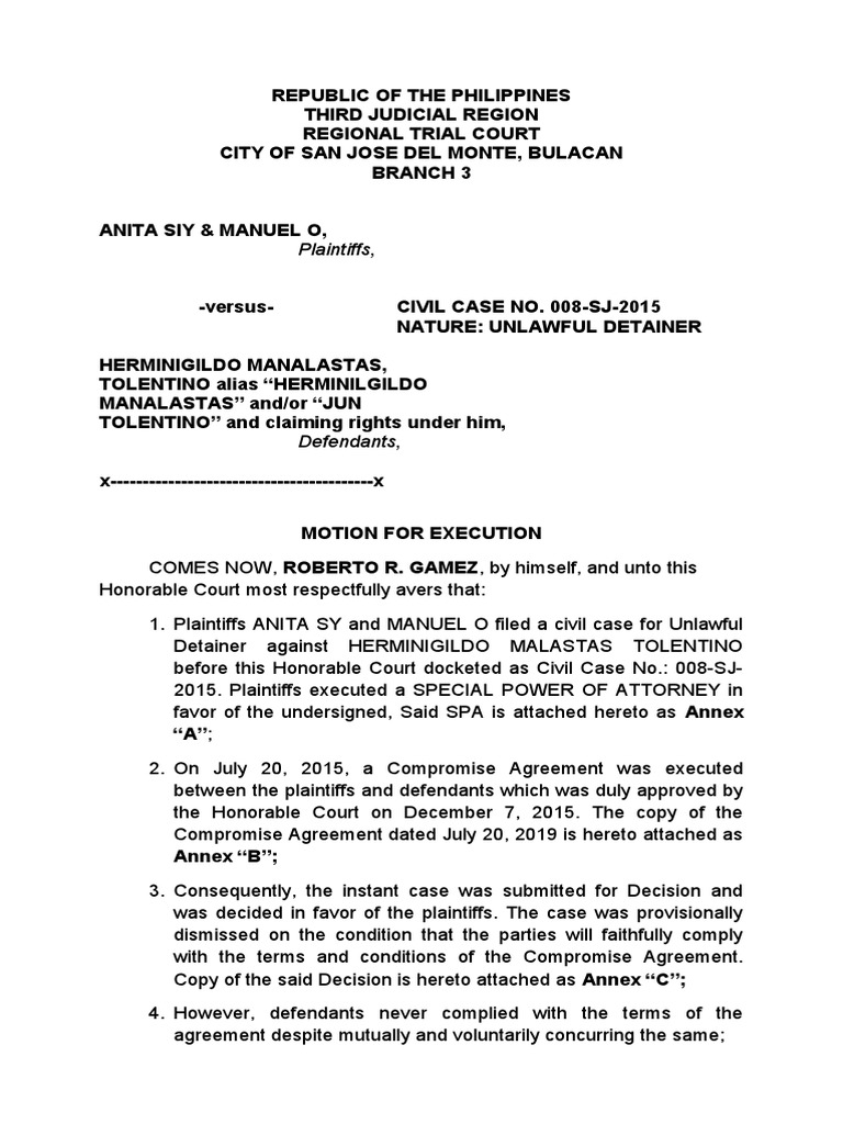 Motion For Execution | PDF | Lawsuit | Virtue