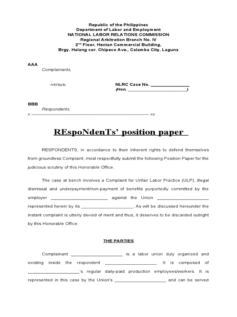 Respondents Position Paper Complainants Download Free Pdf