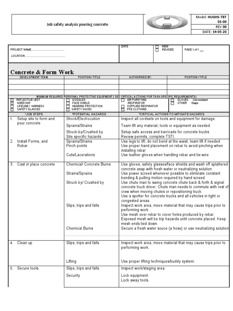 Concrete & Form Work Job Safety Analysis Pouring Concrete PDF