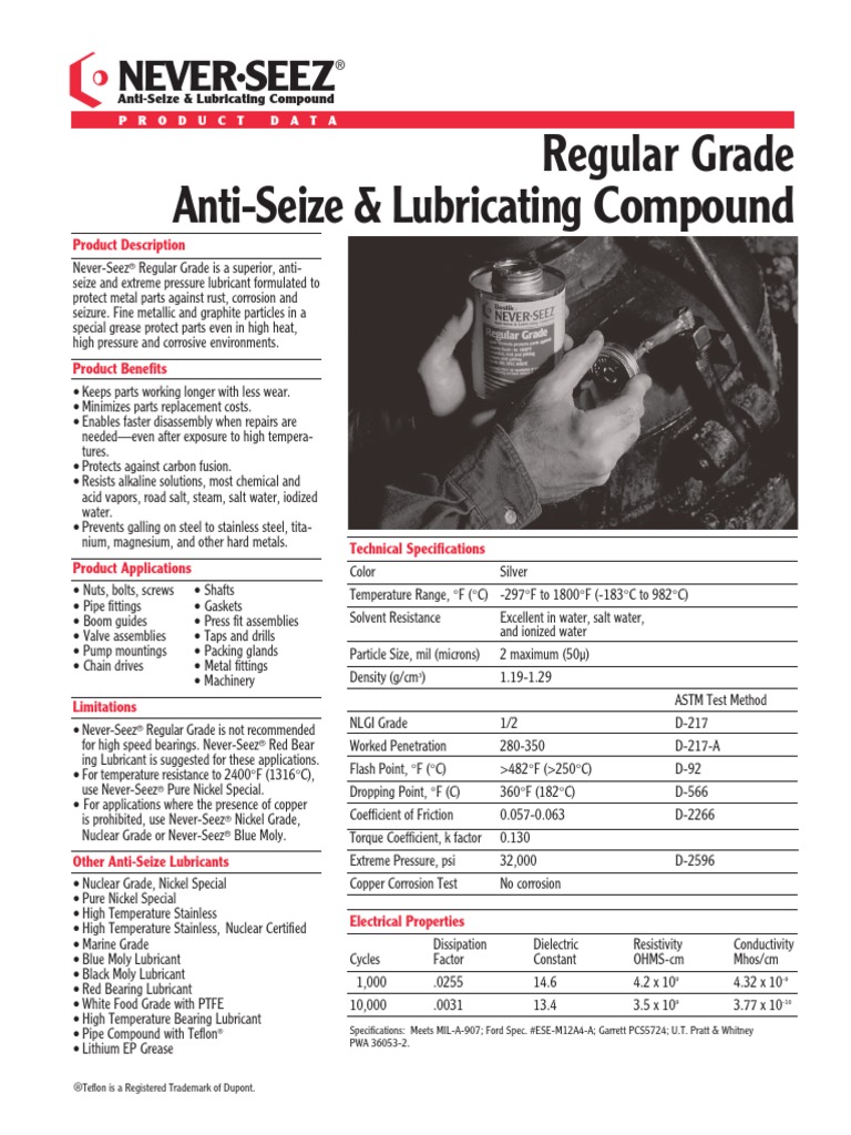 Regular Grade Anti-Seize & Lubricating Compound: Never Seez | PDF ...