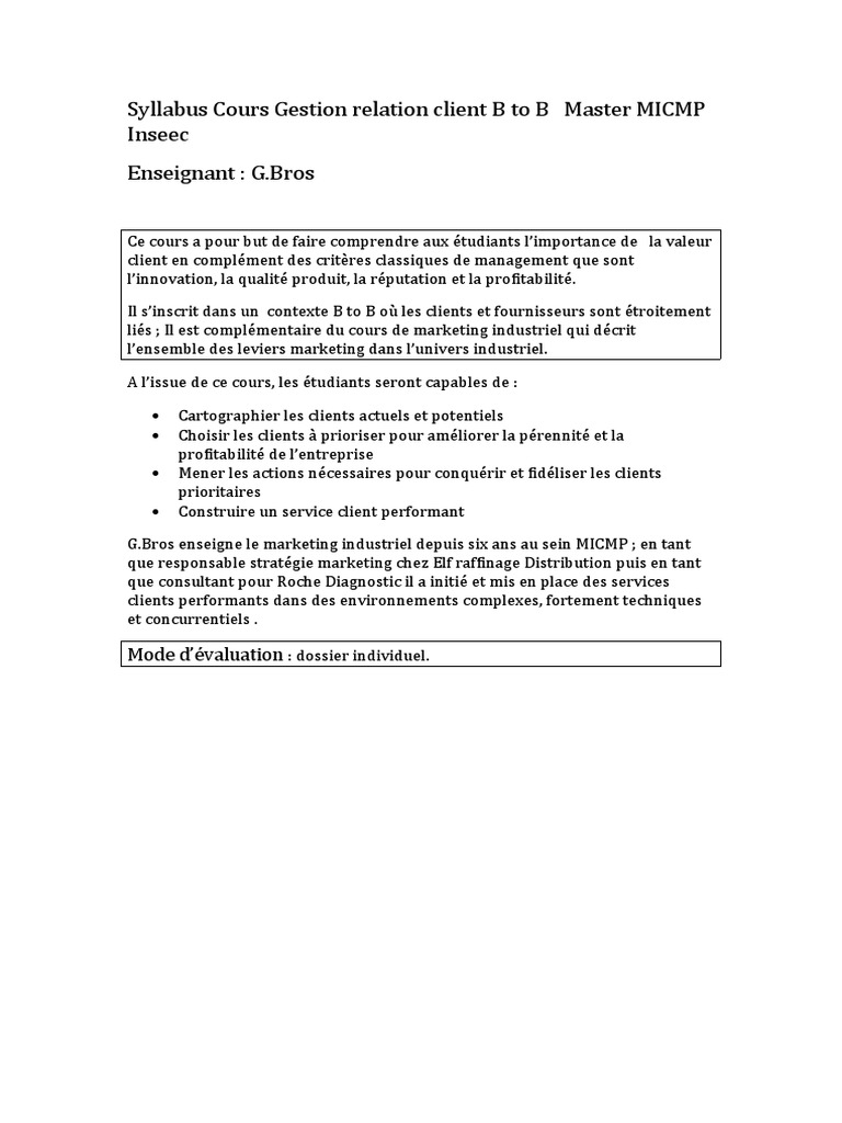 Syllabus Cours Gestion Relation Client B To B | PDF | Commercialisation ...
