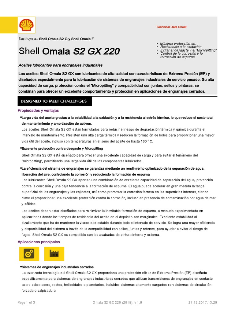 Ficha Técnica Shell Omala S2 GX 220 | PDF | Engranaje | Lubricante