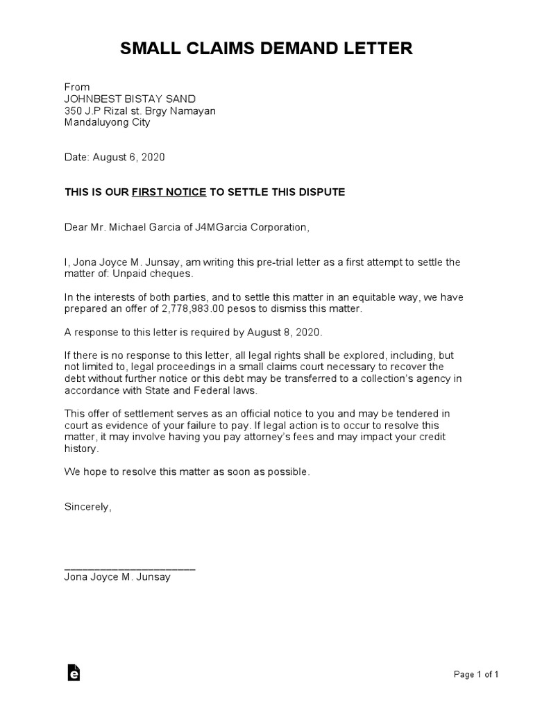 Small Claims Demand Letter: This Is Our First Notice To Settle This ...