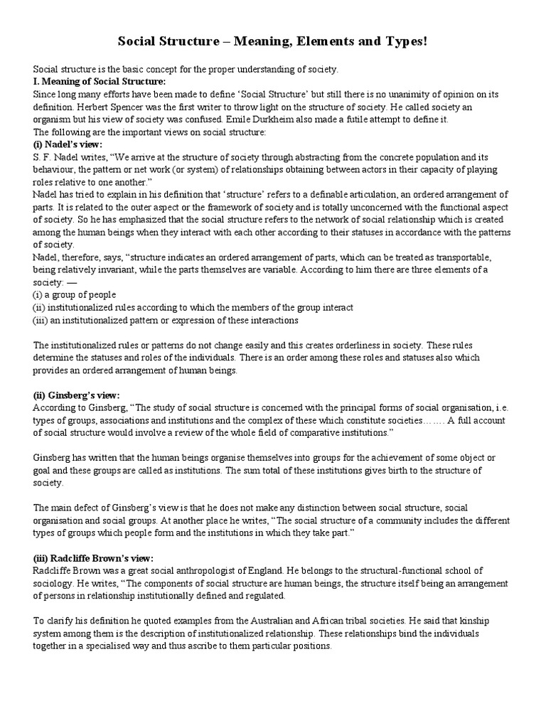 Social Structure Meaning, Elements and Types! PDF Social