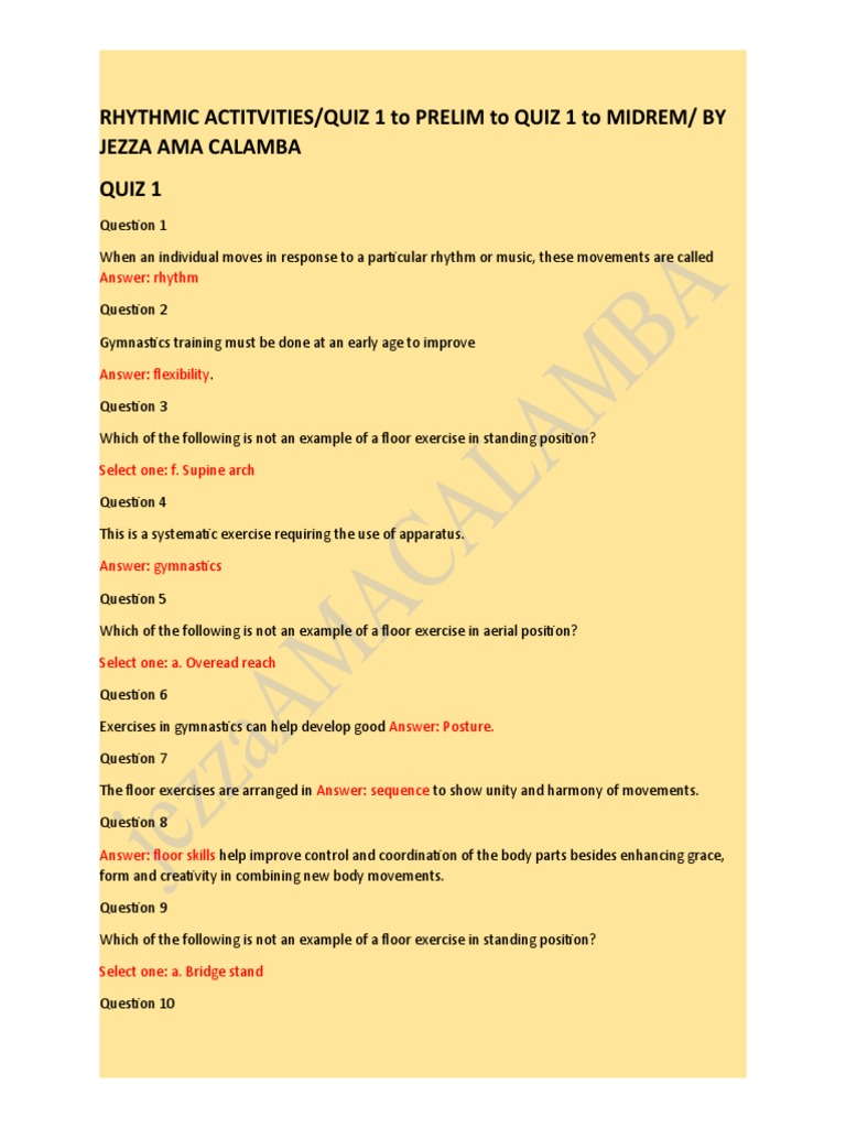RHYTHMIC-ACTIVITIES QUIZ 1 To PRELIM To QUIZ 1 To MIDTERM BY JEZZA  AMACALAMBA | PDF | Gymnastics | Rhythm