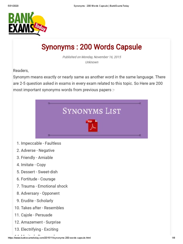 Synonyms 200 Words Capsule BankExamsToday PDF