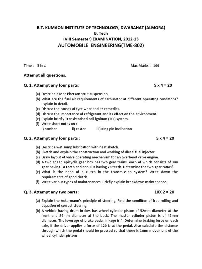 Automobile Engineering Exam Questions 2012 | PDF | Transmission ...