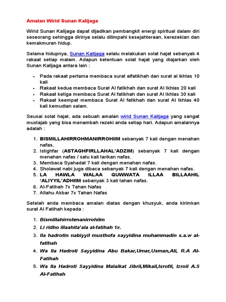 Amalan Wirid Sunan Kalijaga