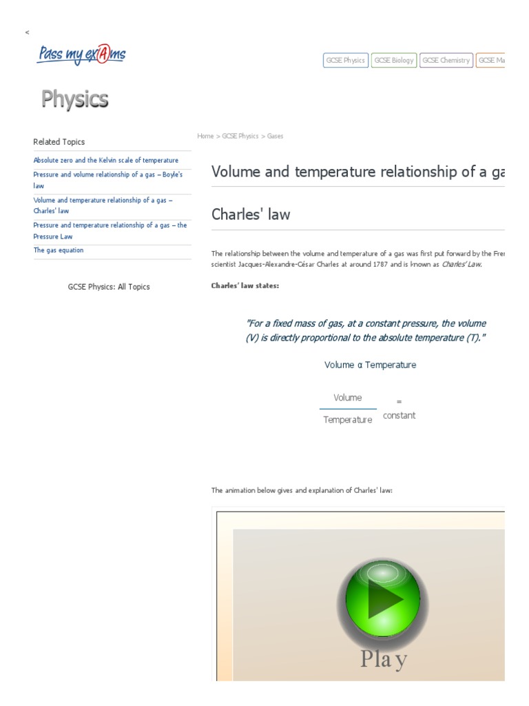 Volume And Temperature Relationship Of A Gas Charles Law Pass My