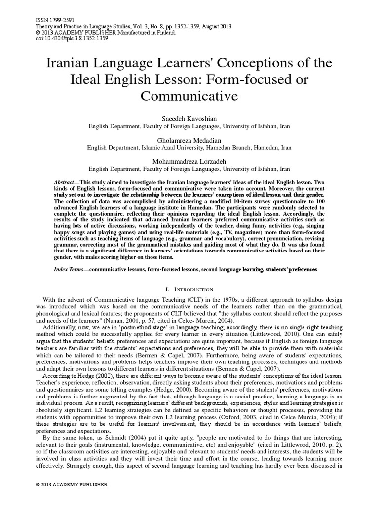 Iranian Language Learners' Conceptions of The Ideal English Lesson ...