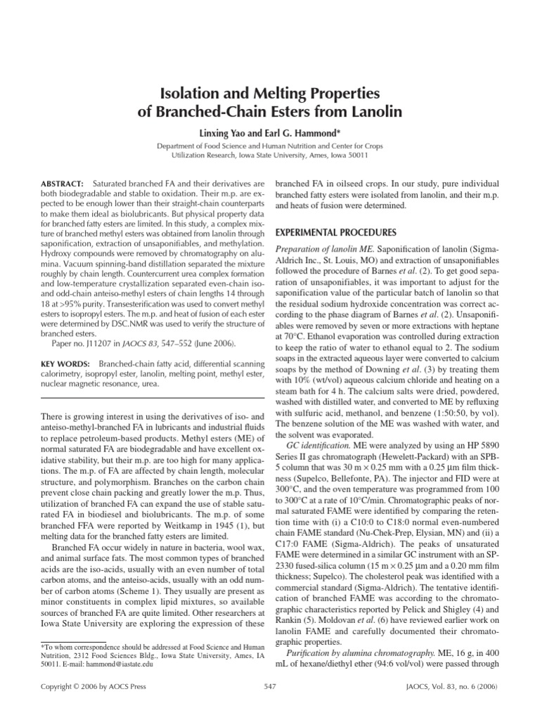 2006 Isolation and Melting Properties of BranchedChain Esters From
