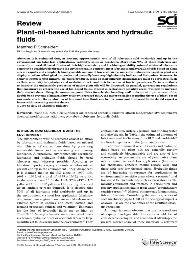 2006 Plant Oil Based Lubricants and Hydraulic Fluids (Schneider) PDF