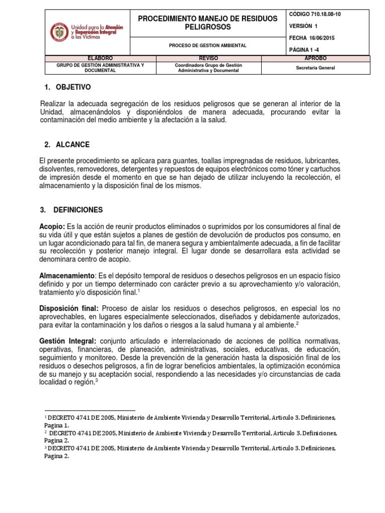 Procedimiento para Manejo de Residuos Peligrosos | PDF | Residuos ...