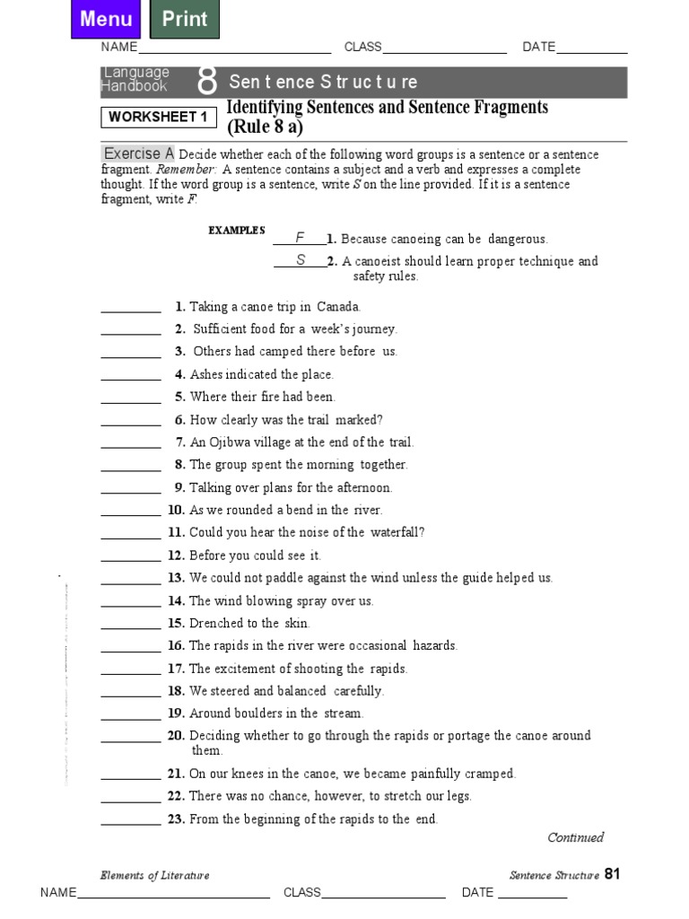 Sentences and Fragments PDF Canoe