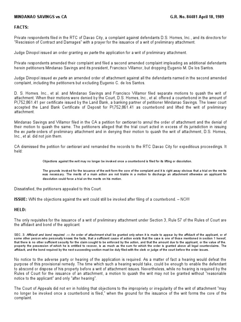 Mindanao Savings Bank v. Ca | PDF | Complaint | Writ