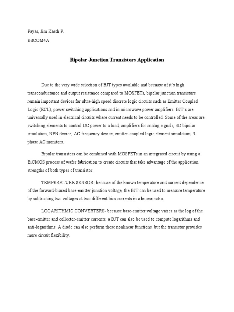 BJT Applications in Electronics and Circuits | PDF