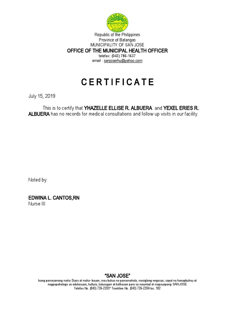 Medical Certificate from San Jose Health Office | PDF