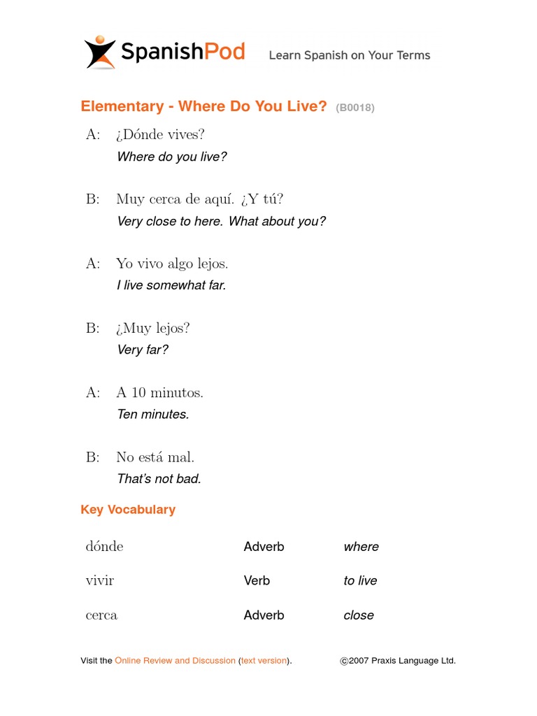 Elementary - Where Do You Live?: A: ¿D Onde Vives? | PDF | Language ...