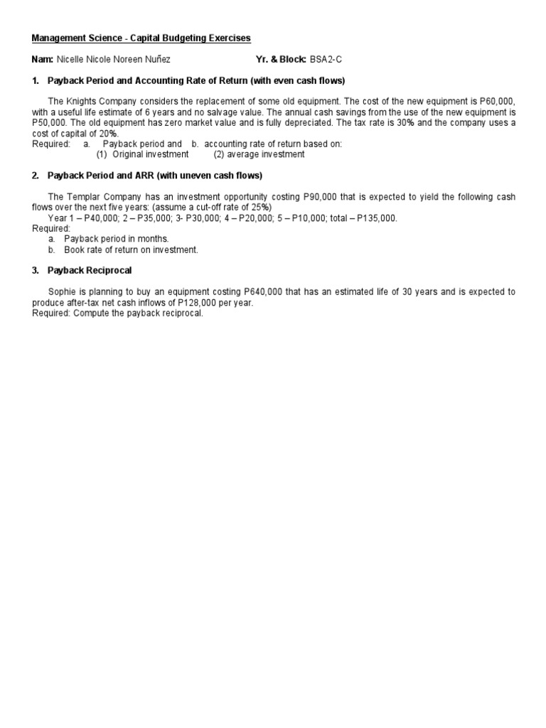 Capital Budgeting Exercises 2 Nunez Pdf Pdf Corporations Money