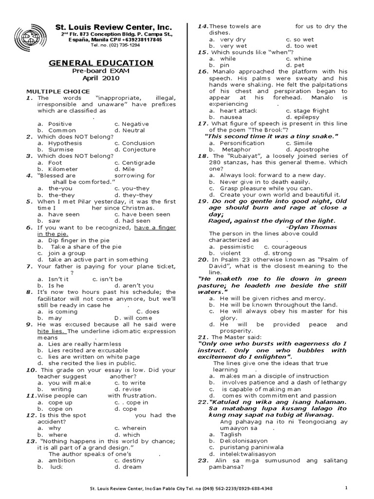 General Education Pre-board Exam 2010 | PDF | Area | Ice