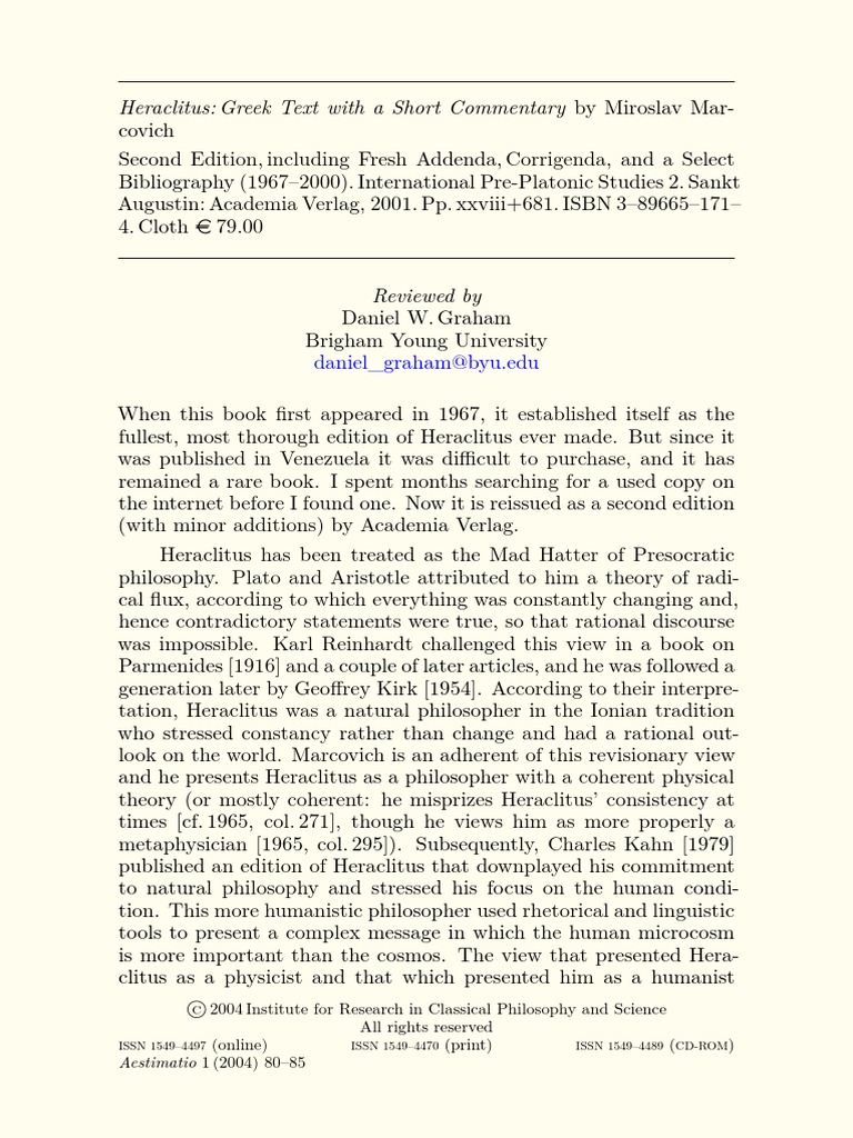 Heraclitus: Greek Text With A Short Commentary by Miroslav Mar | PDF ...