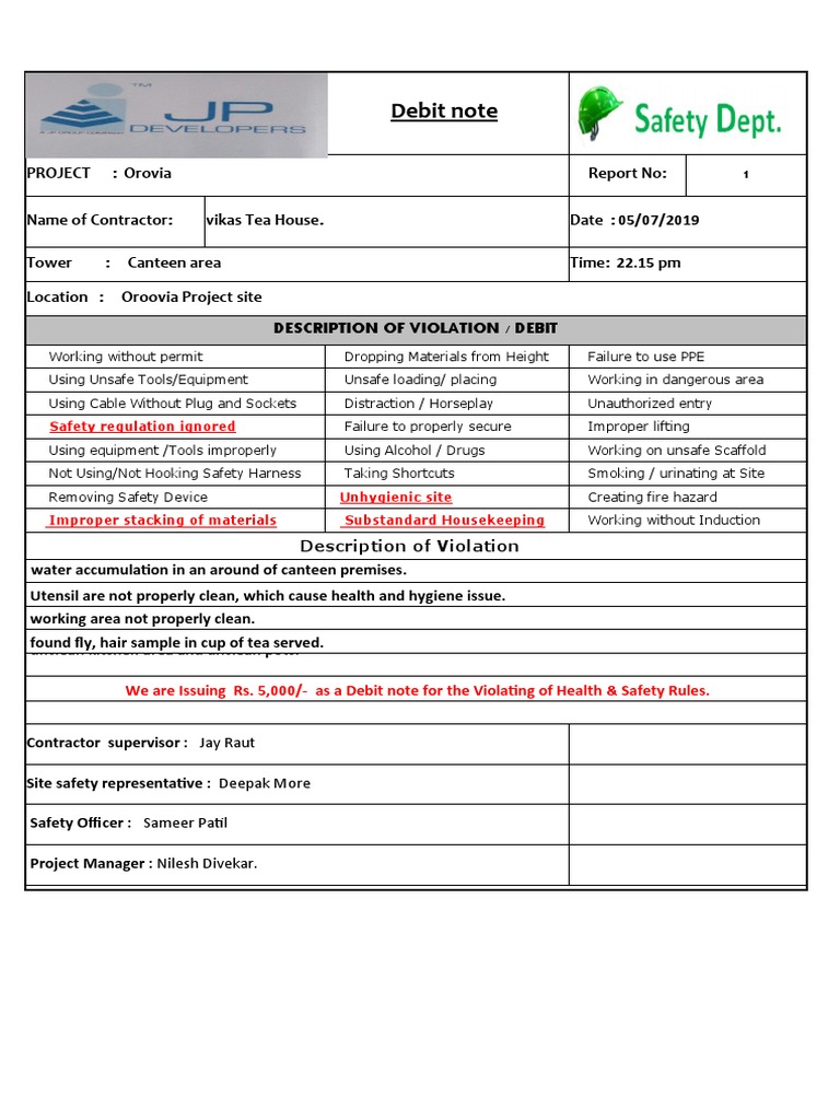 Safety Violation Debit Note for Contractor | PDF