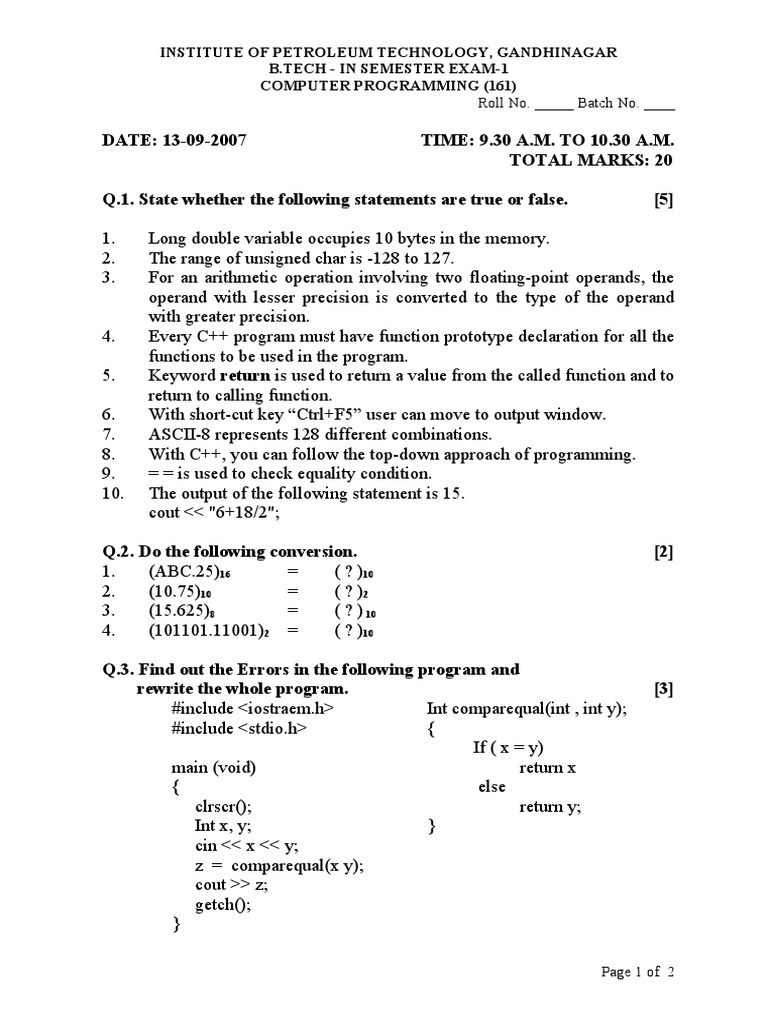 Computer Programming Exam on Data Types, Operators, Functions and ...