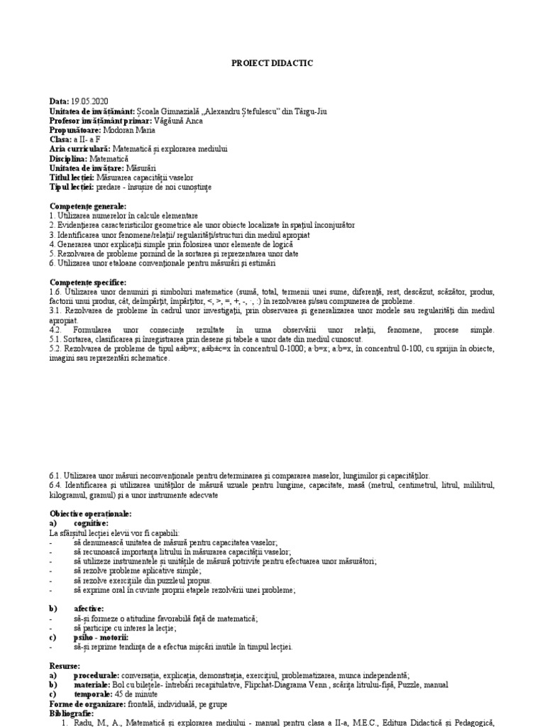Proiect Didactic Matematica - Modoran Maria | PDF