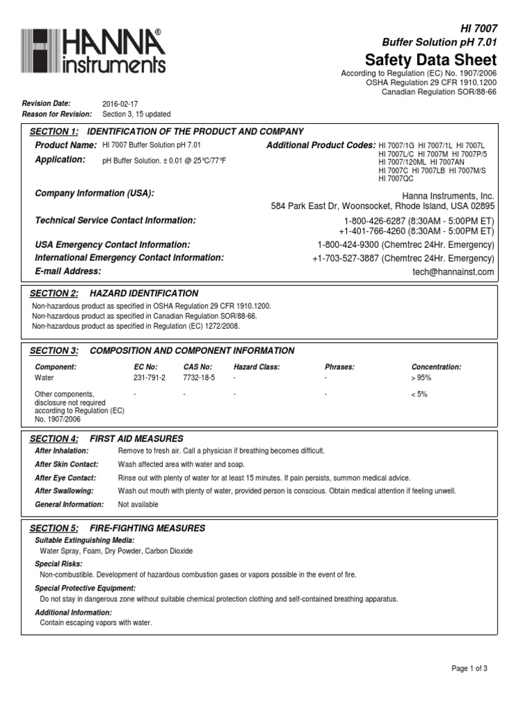 Safety Data Sheet HI 7007 Buffer Solution PH 7.01 PDF Toxicity Personal Protective Equipment