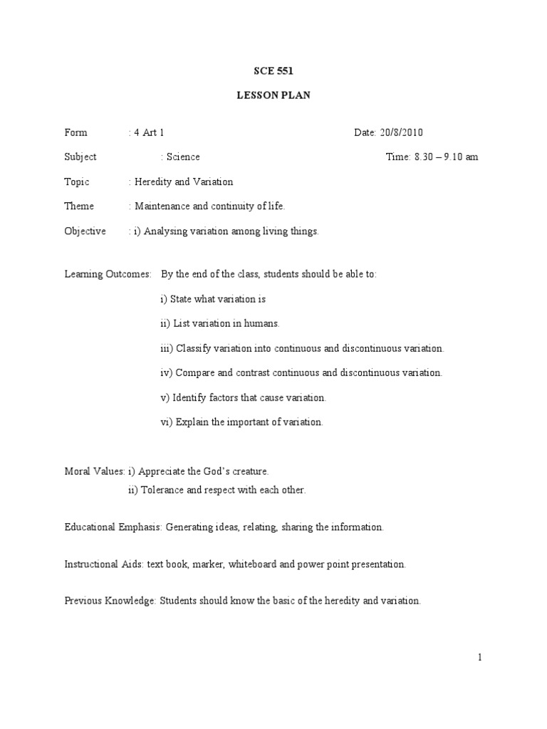 lesson plan heredity and variation | Teachers | Lesson Plan