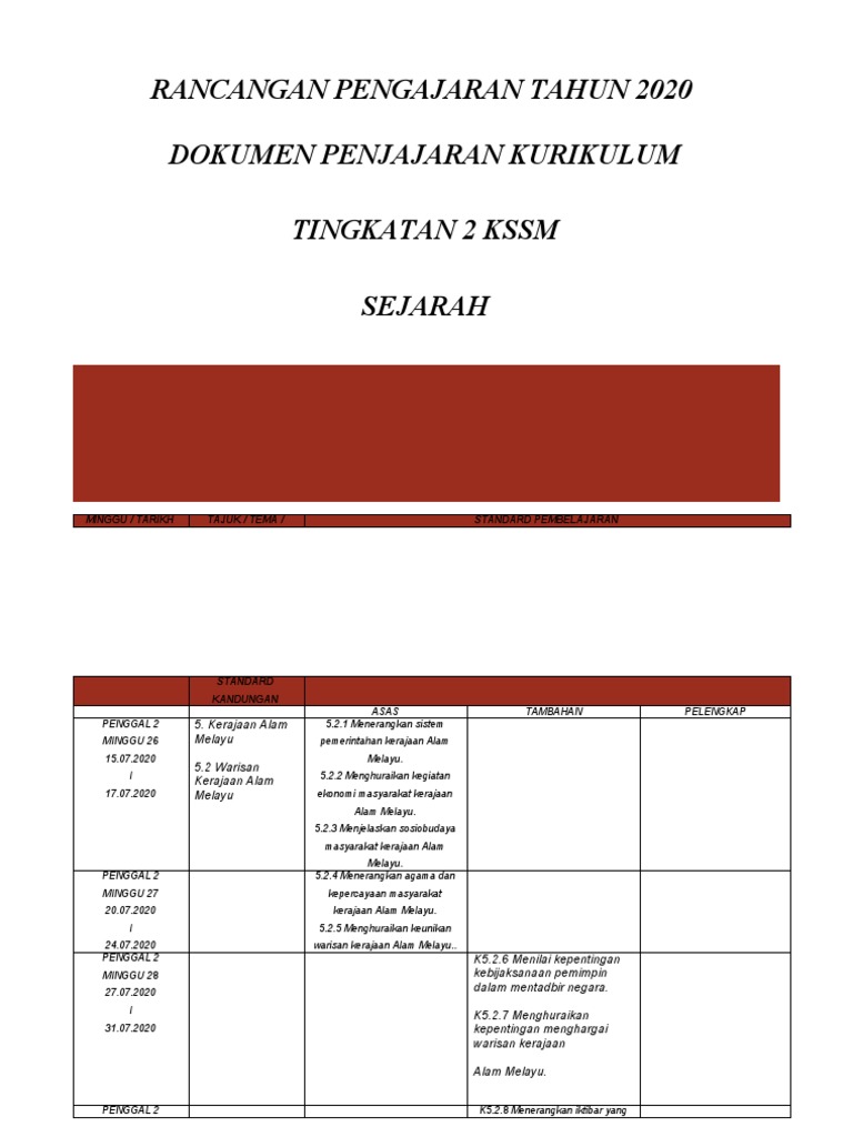 Rpt Dpk 2020 Sejarah Tingkatan 2 Kssm Pdf