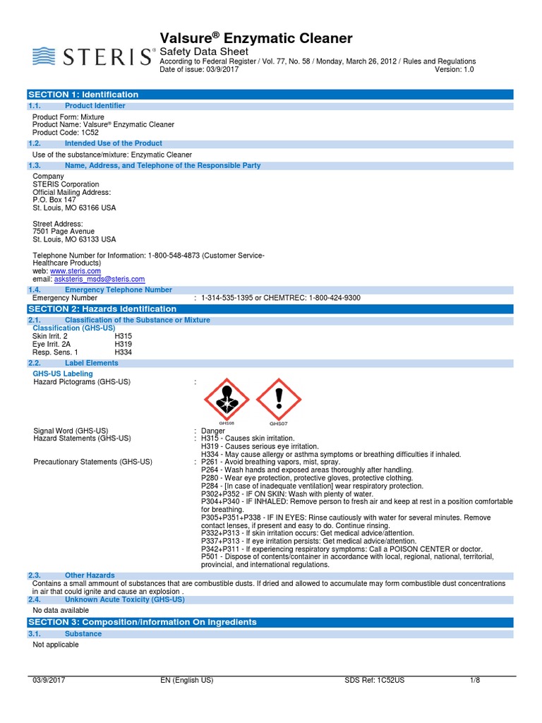 Valsure Enzymatic Cleaner Safety Data Sheet Download Free PDF