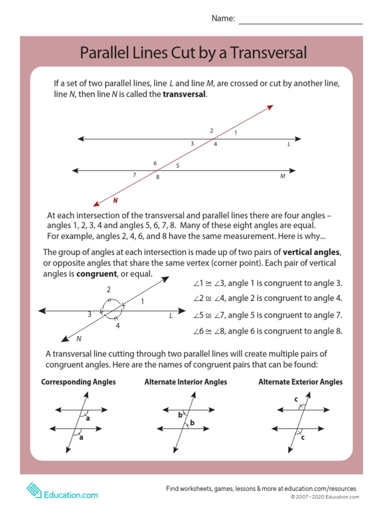 Parallel Lines Cut by A Transversal  Angle  Elementary Geometry Inside Parallel Lines Transversal Worksheet
