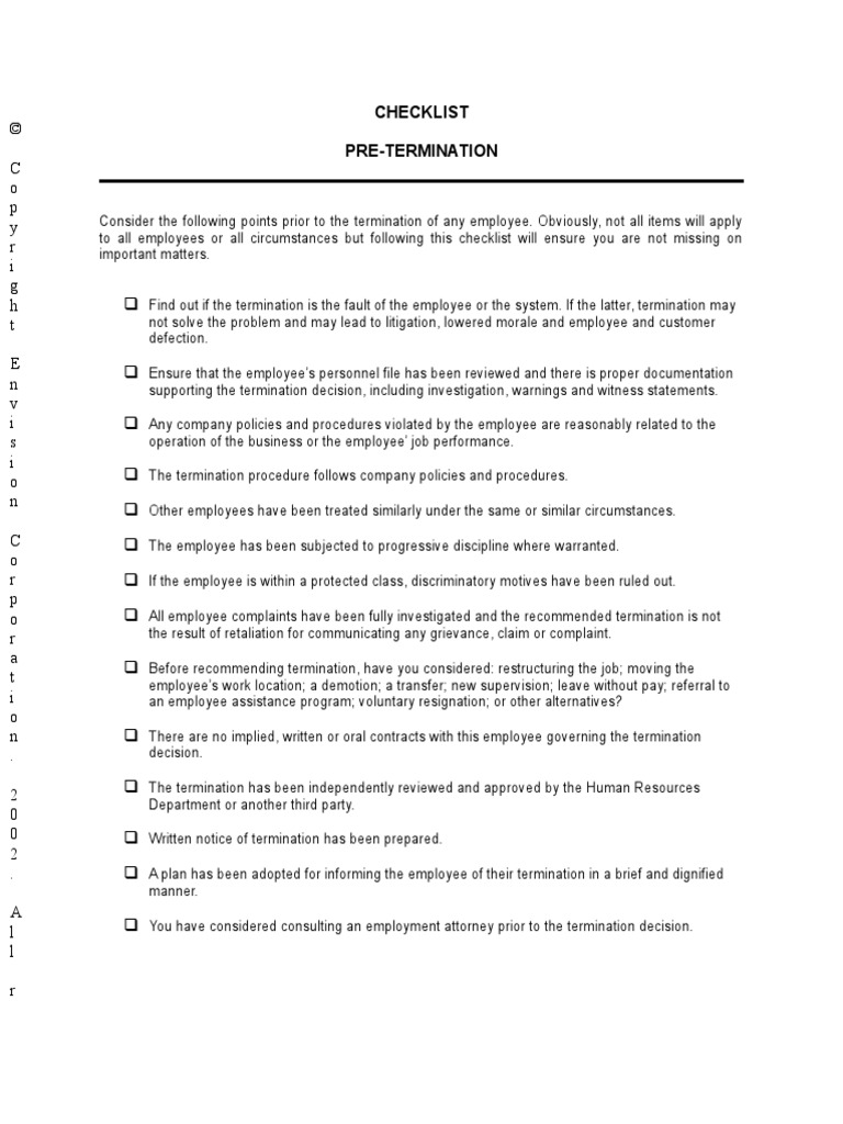 Checklist Pretermination Pdf Employment Lawsuit