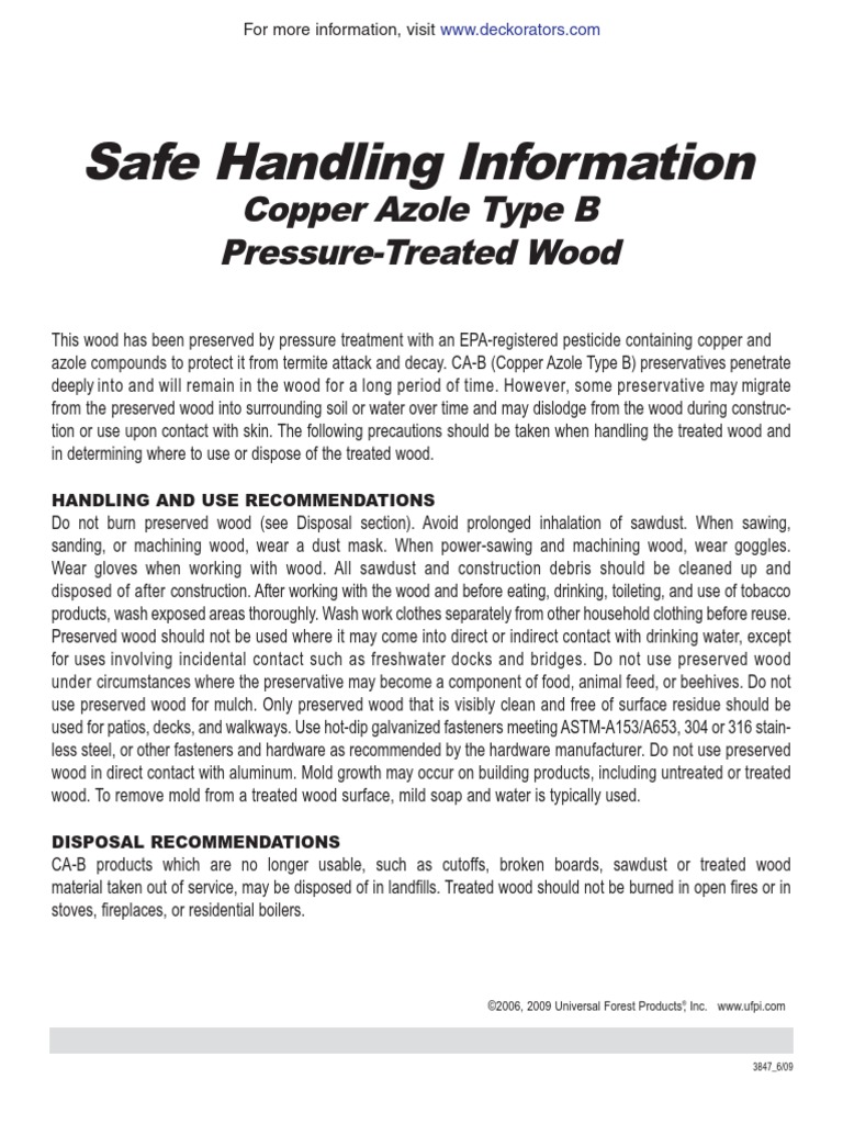 Safe Handling Information Copper Azole Type B PressureTreated Wood