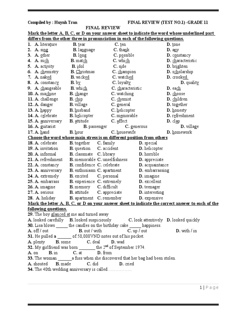Final Review Lop 11 Test No 1 - Giua Ki | PDF