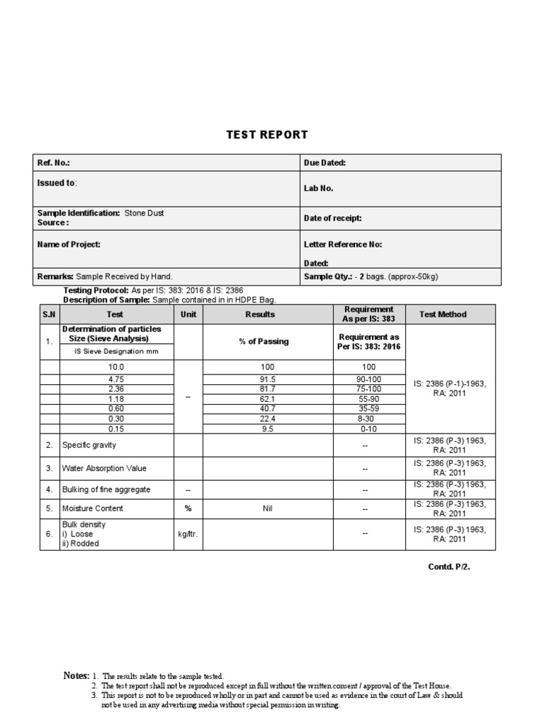 Stone Dust Test Report PDF Chemical Substances Materials