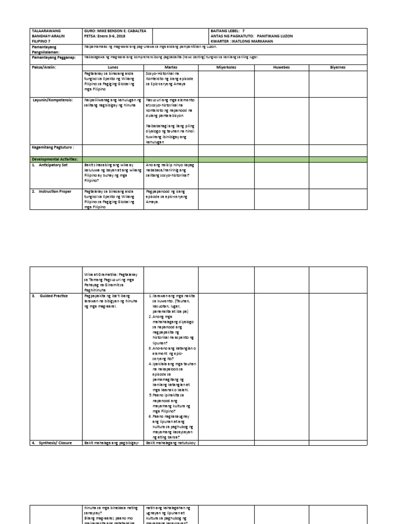 Daily Lesson Log Week 4 | PDF