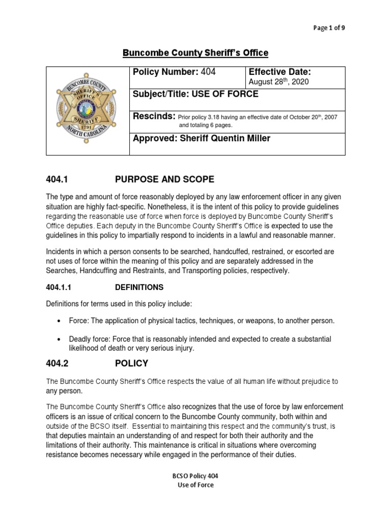 BCSO Use of Force Policy PDF Deadly Force Use Of Force