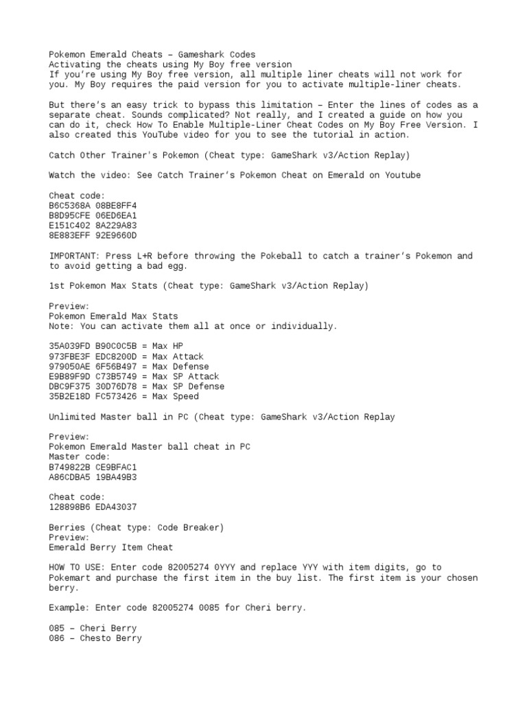 Pokemon Emerald Cheats Gameshark Codes for Master Ball, EXP & More